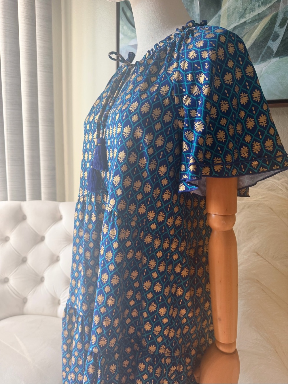 Cabana Life Blue Gold Print Tassel Dress Swim Cover Up Size M Beach Resort - Picture 9 of 17